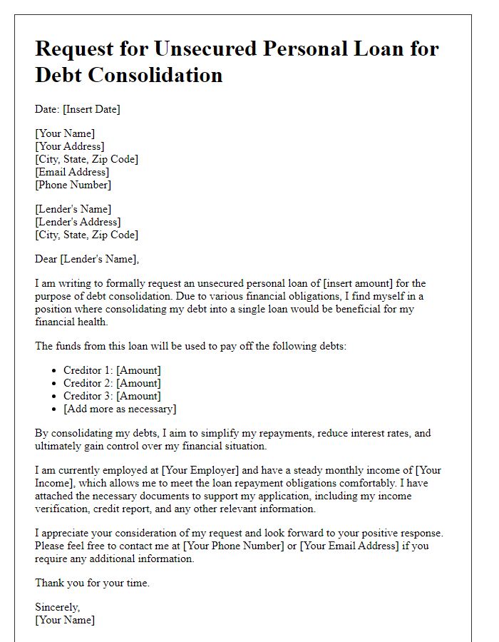 Letter template of unsecured personal loan request for debt consolidation.