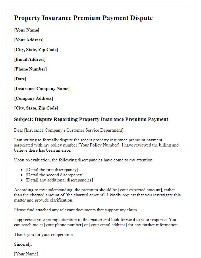 Letter template of property insurance premium payment dispute