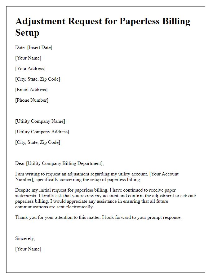 Letter template of adjustment request for utility paperless billing setup.