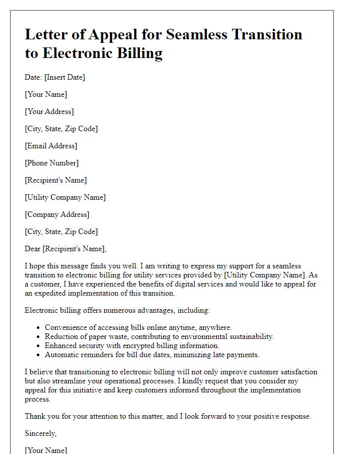 Letter template of appeal for seamless transition to electronic billing with utilities.