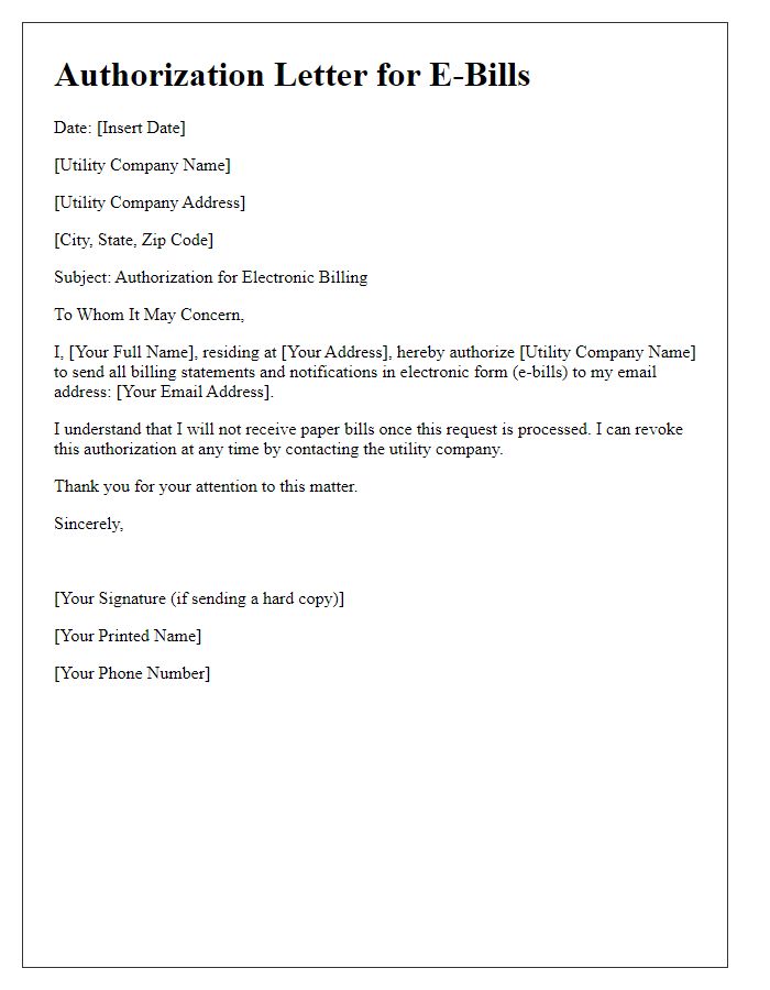 Letter template of authorization for utility company to send e-bills.