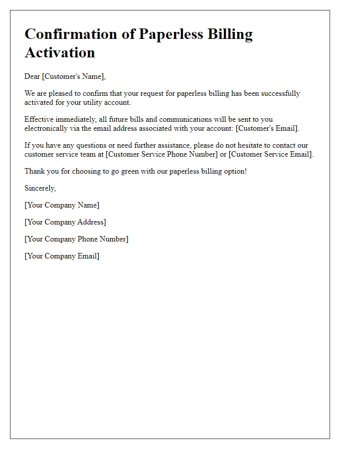 Letter template of confirmation for activating paperless billing for utilities.