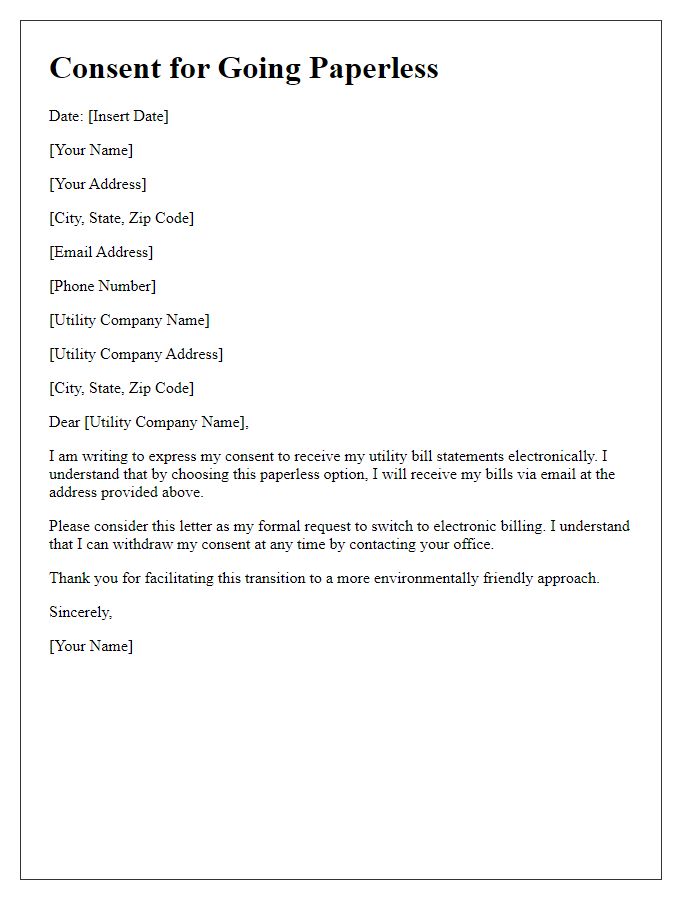 Letter template of consent for going paperless with utility bill statements.