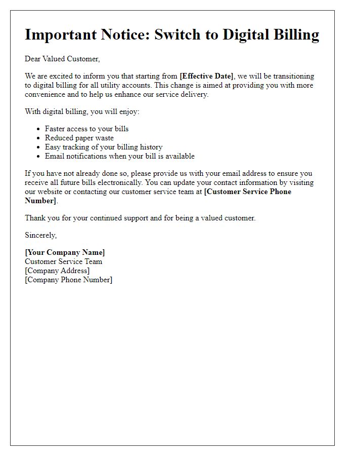 Letter template of notification for switching to digital billing for utility accounts.