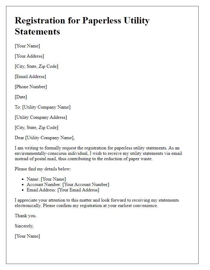 Letter template of registration for environmental-friendly paperless utility statements.