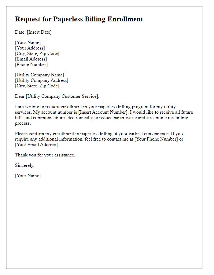 Letter template of request for paperless billing enrollment for utility services.