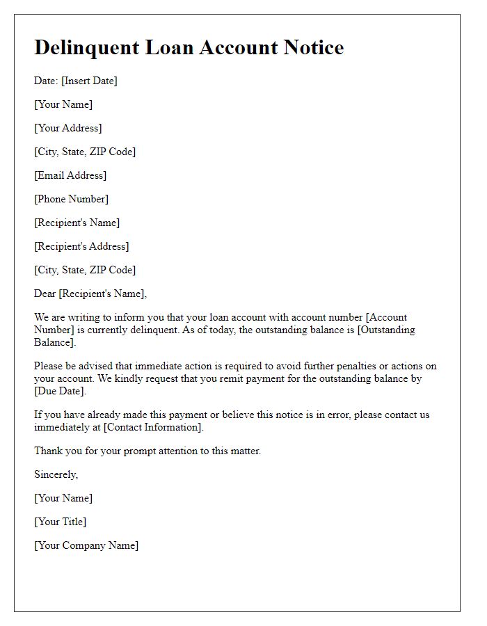 Letter template of delinquent loan account notice