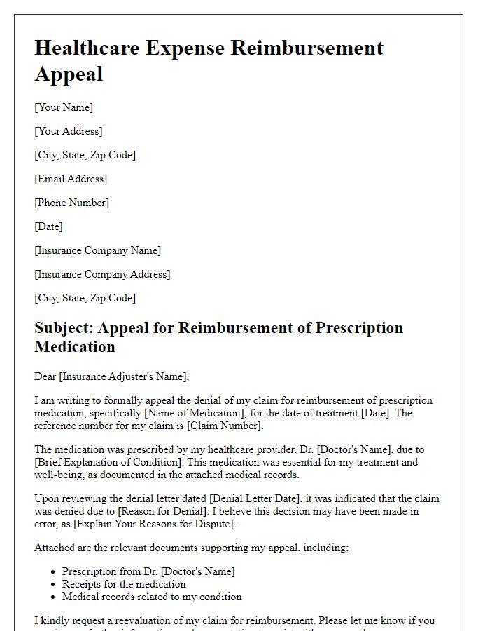 Letter template of healthcare expense reimbursement appeal for prescription medication