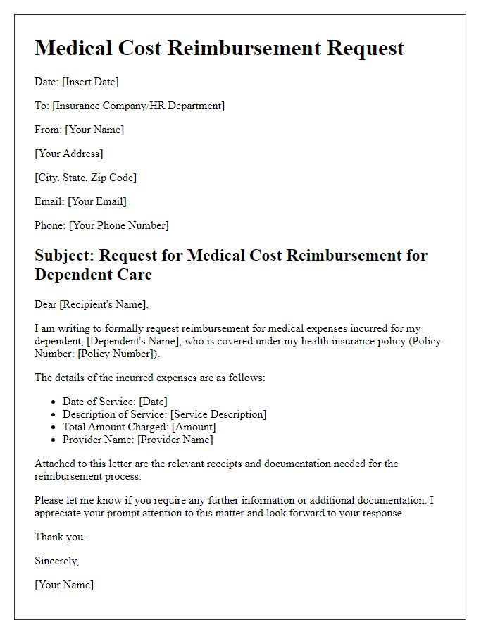 Letter template of medical cost reimbursement for dependent care