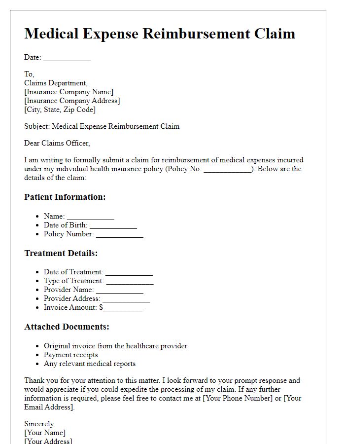 Letter template of medical expense reimbursement claim for individual policyholders