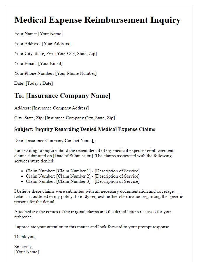 Letter template of medical expense reimbursement inquiry for denied claims