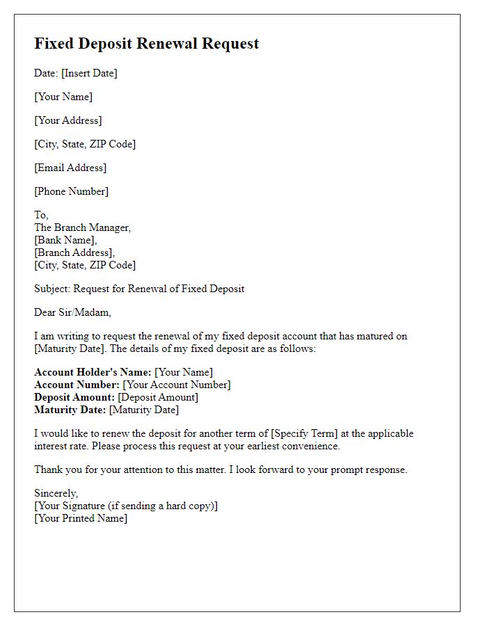 Letter template of Fixed Deposit Renewal Request after Maturity