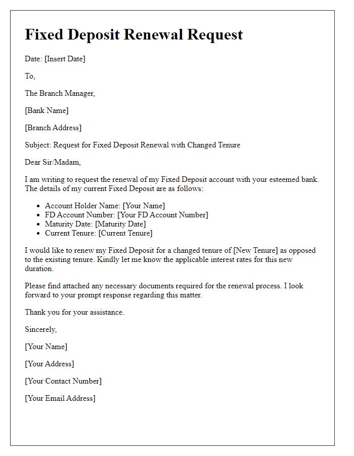 Letter template of Fixed Deposit Renewal Request with Changed Tenure