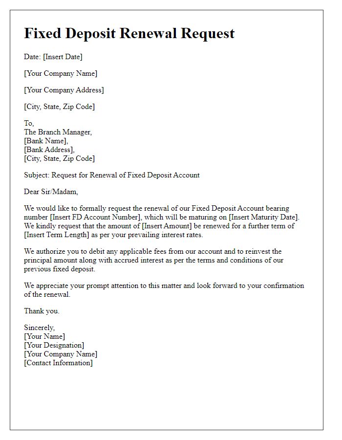 Letter template of Fixed Deposit Renewal Request for Corporate Account