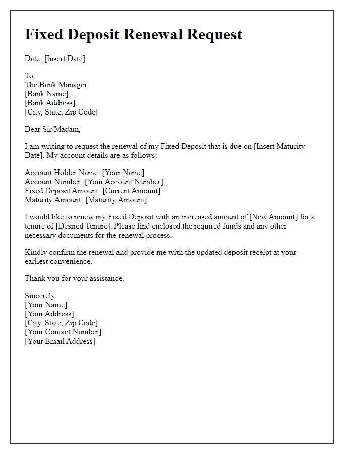 Letter template of Fixed Deposit Renewal Request with Increased Amount