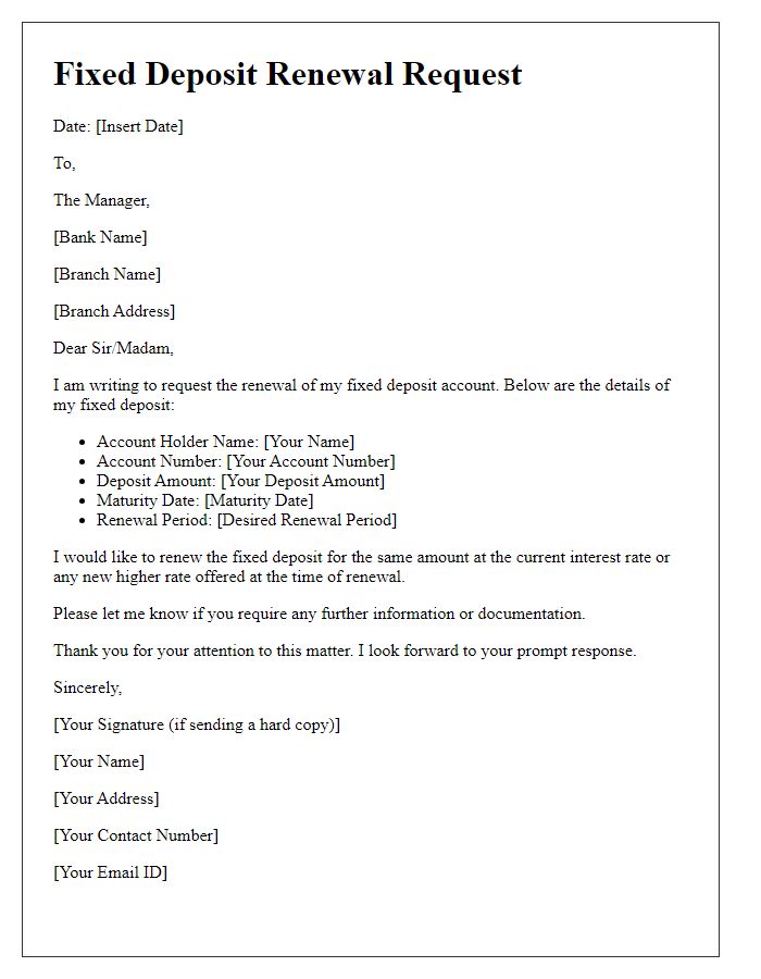 Letter template of Fixed Deposit Renewal Request for Personal Account