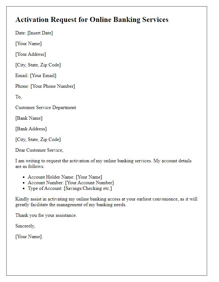 Letter template of activation request for online banking services