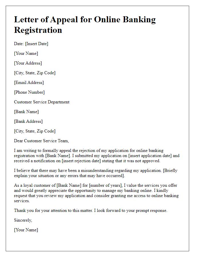 Letter template of appeal for online banking registration