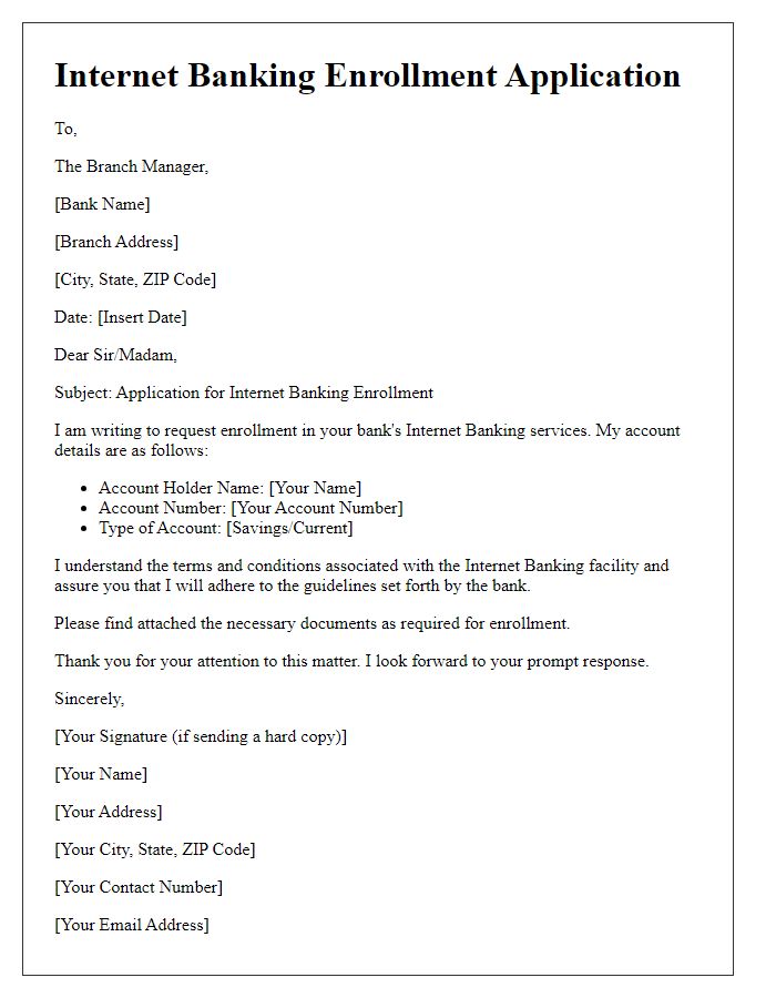 Letter template of submission for internet banking enrollment