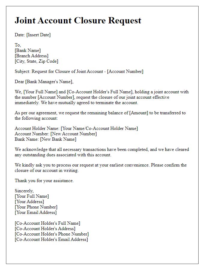 Letter template of closing joint account with shared funds