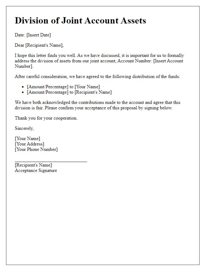 Letter template of dividing joint account assets