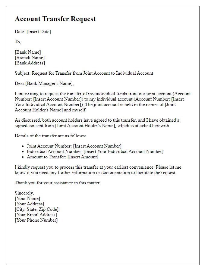 Letter template of individual account transfer from joint account