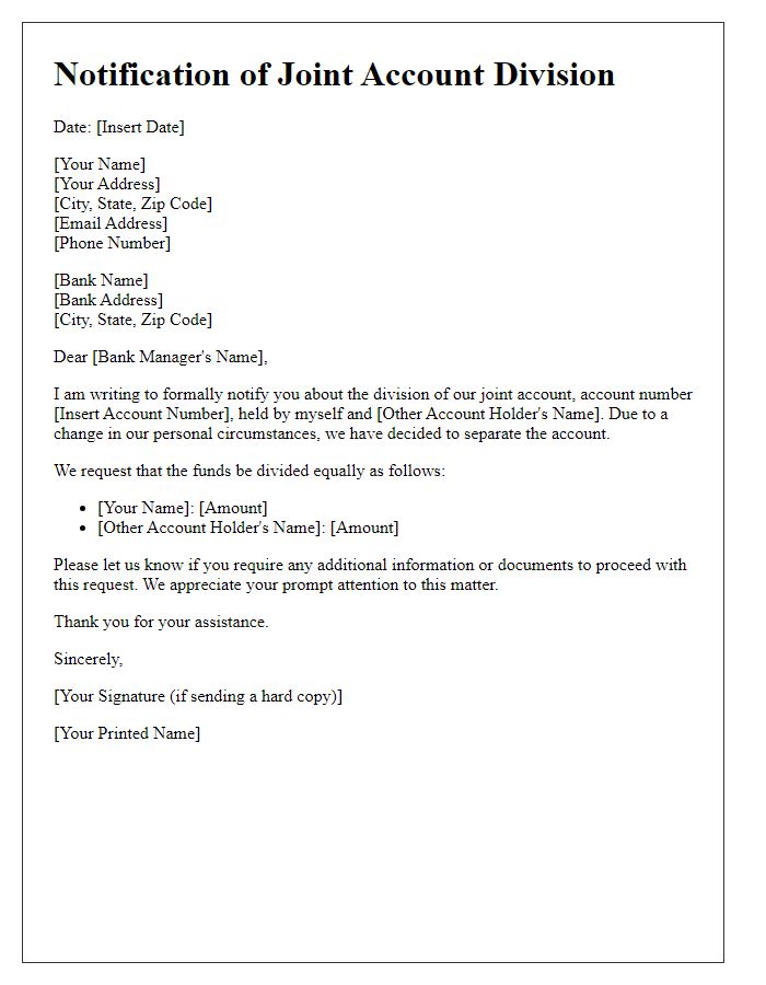 Letter template of notifying bank about joint account division