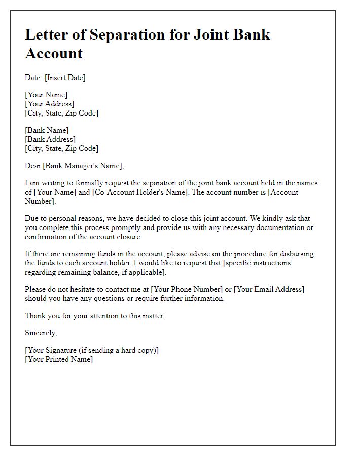 Letter template of separation for joint bank account