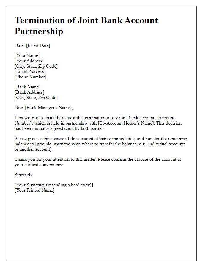 Letter template of terminating joint bank account partnership