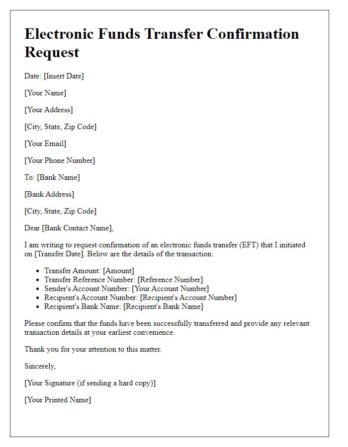 Letter template of electronic funds transfer confirmation request