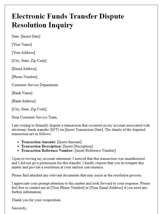 Letter template of electronic funds transfer dispute resolution inquiry