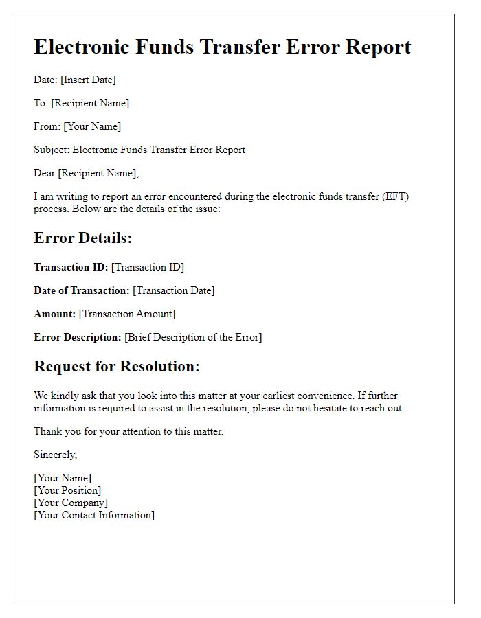 Letter template of electronic funds transfer error report