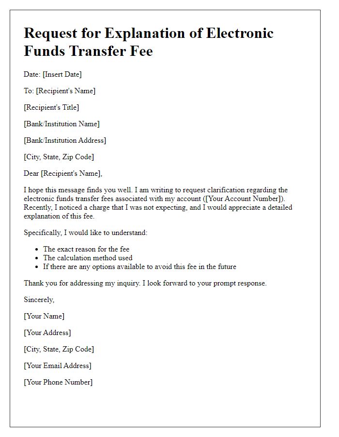 Letter template of electronic funds transfer fee explanation request