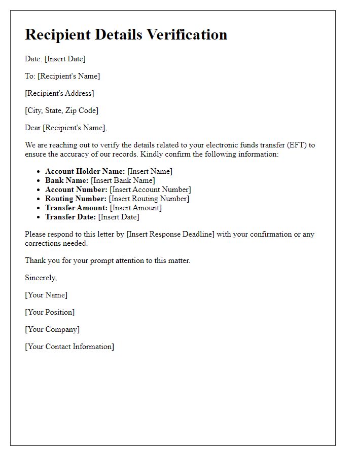 Letter template of electronic funds transfer recipient details verification