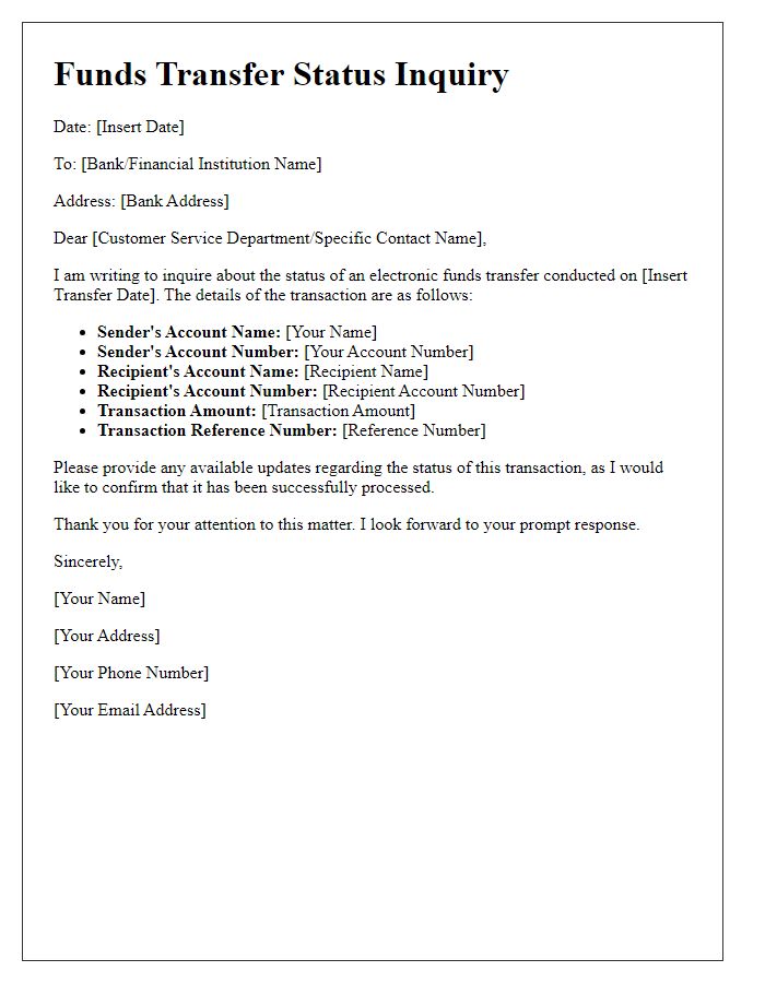 Letter template of electronic funds transfer transaction status inquiry