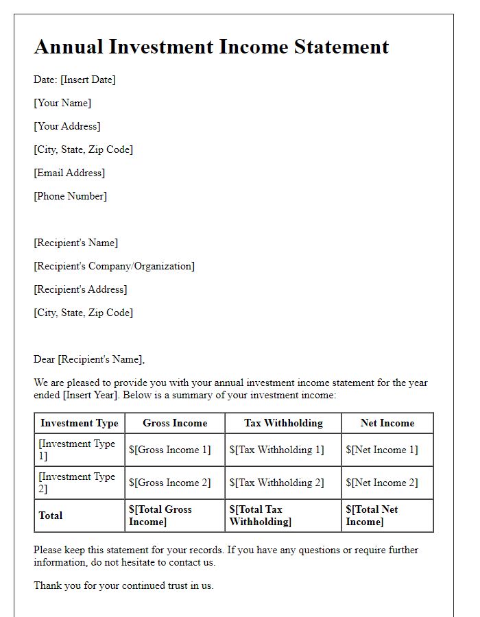 Letter template of annual investment income statement.