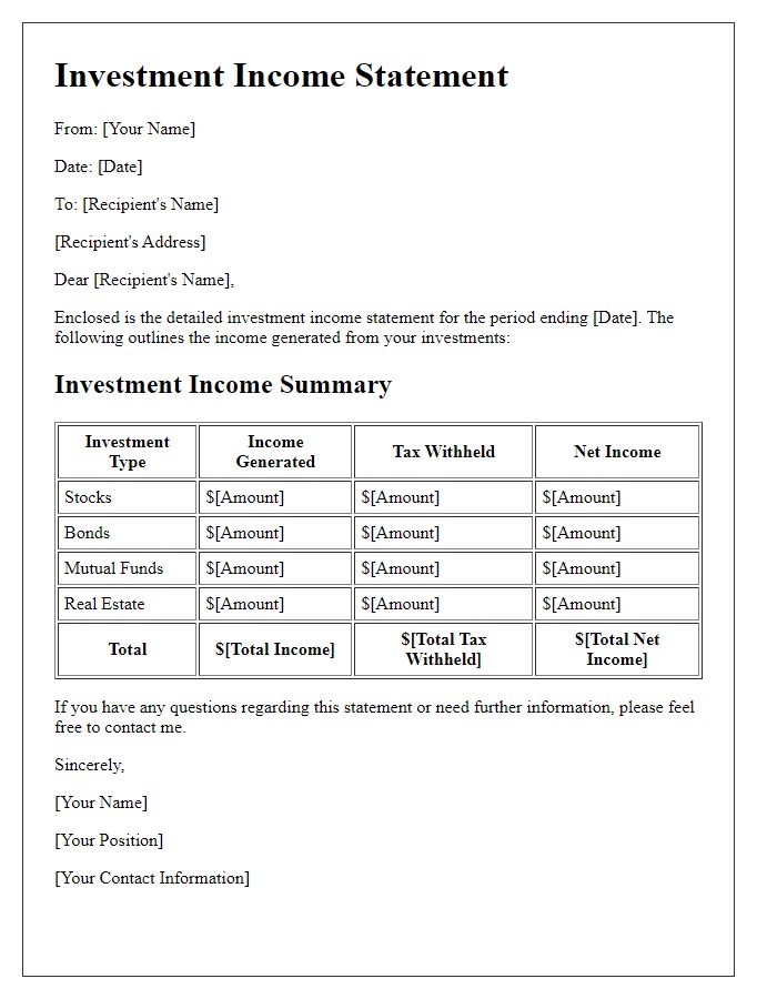 Letter template of detailed investment income statement.