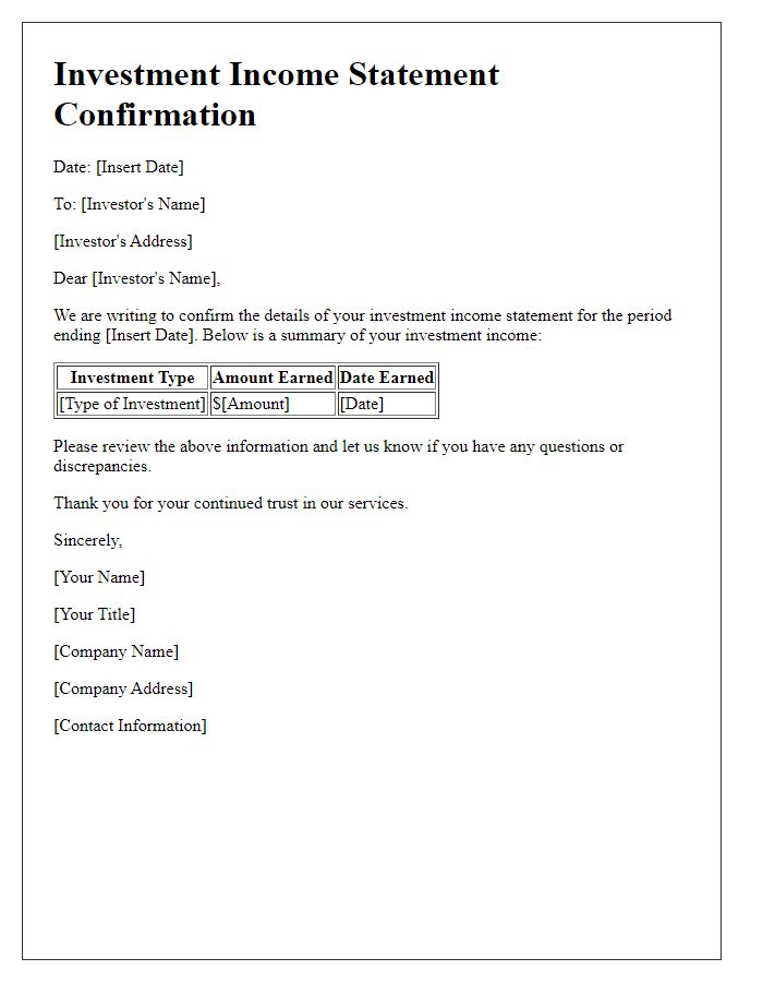 Letter template of investment income statement confirmation.