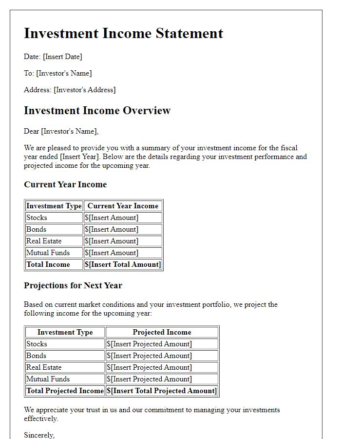 Letter template of investment income statement with projections.