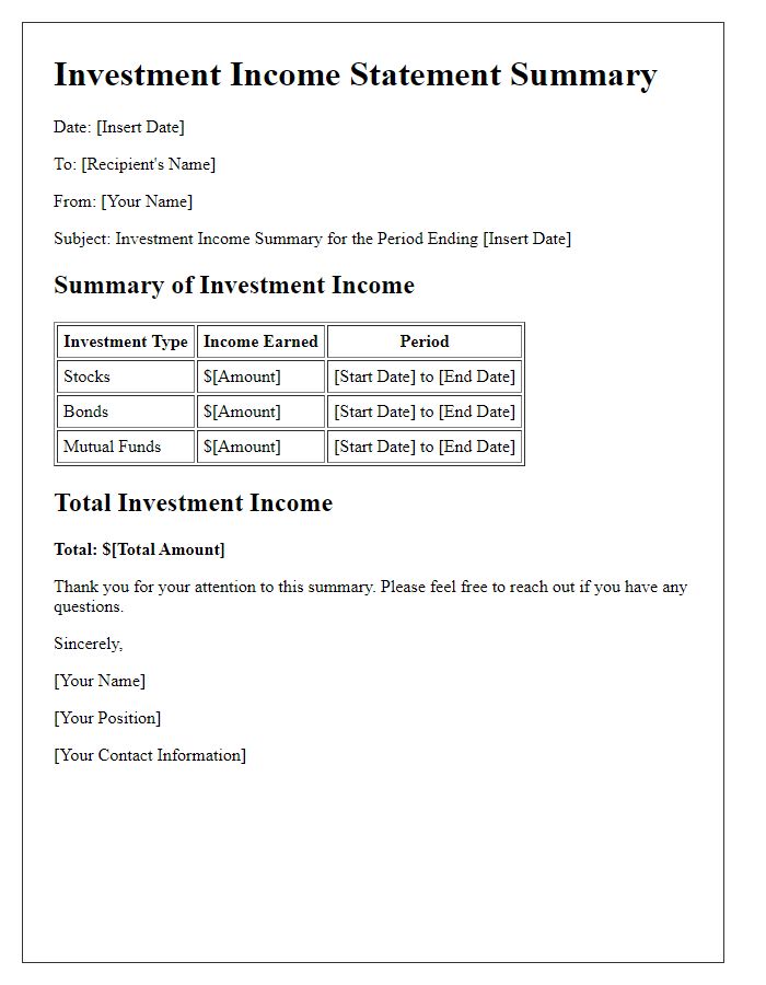 Letter template of investment income statement summary.