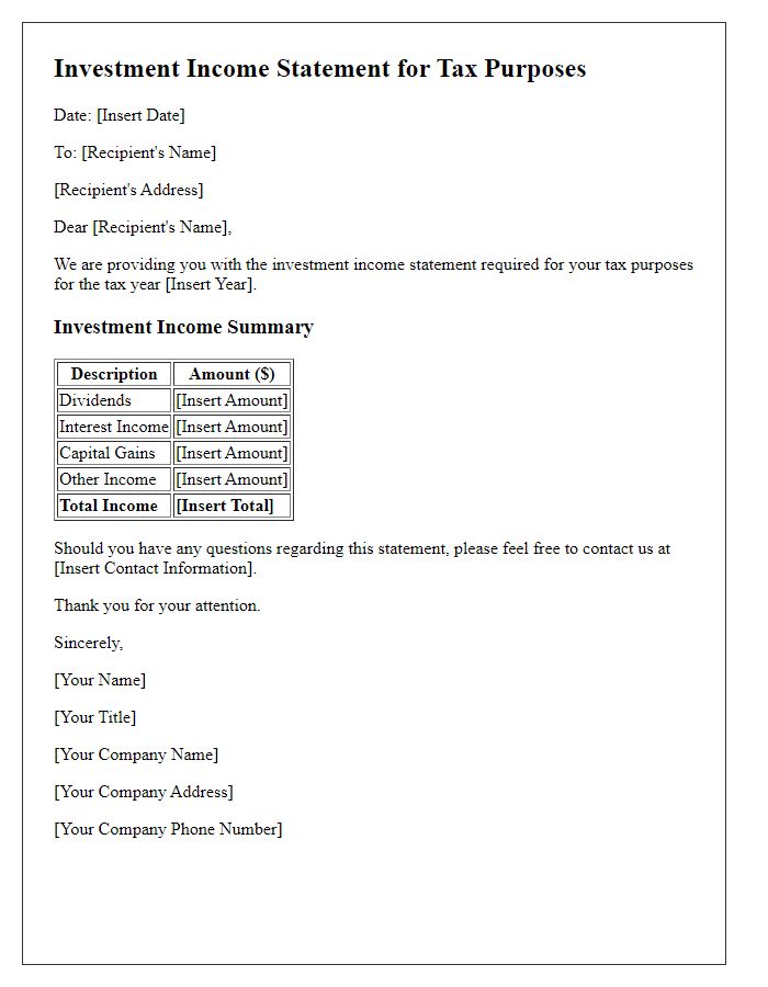 Letter template of investment income statement for tax purposes.