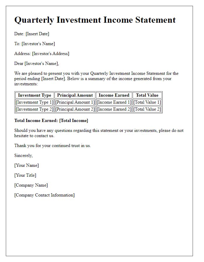 Letter template of quarterly investment income statement.