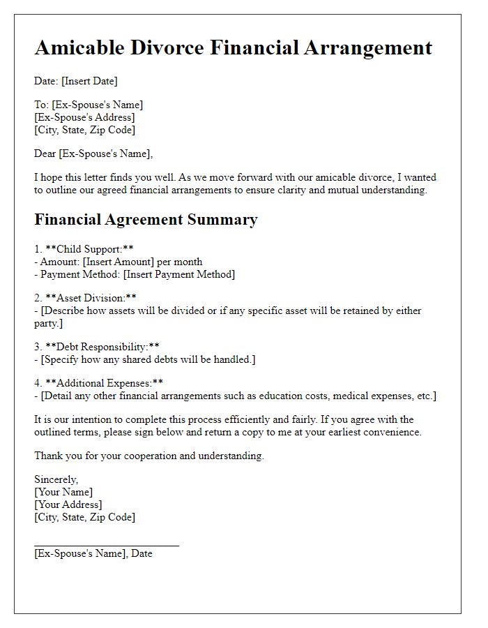 Letter template of amicable divorce financial arrangement