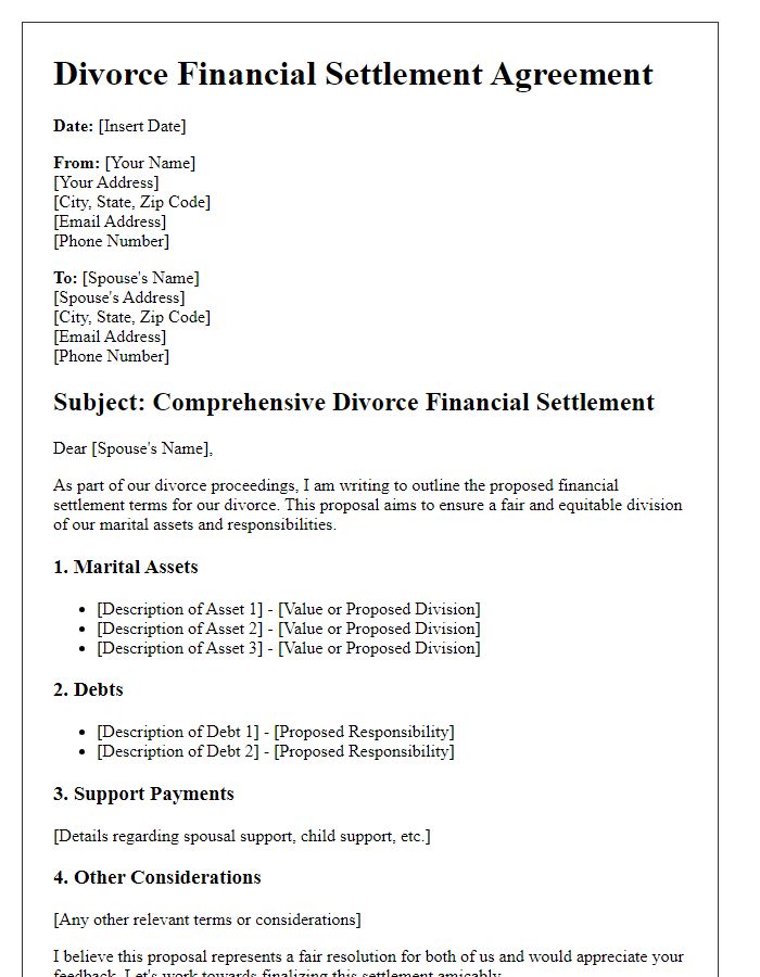 Letter template of comprehensive divorce financial settlement