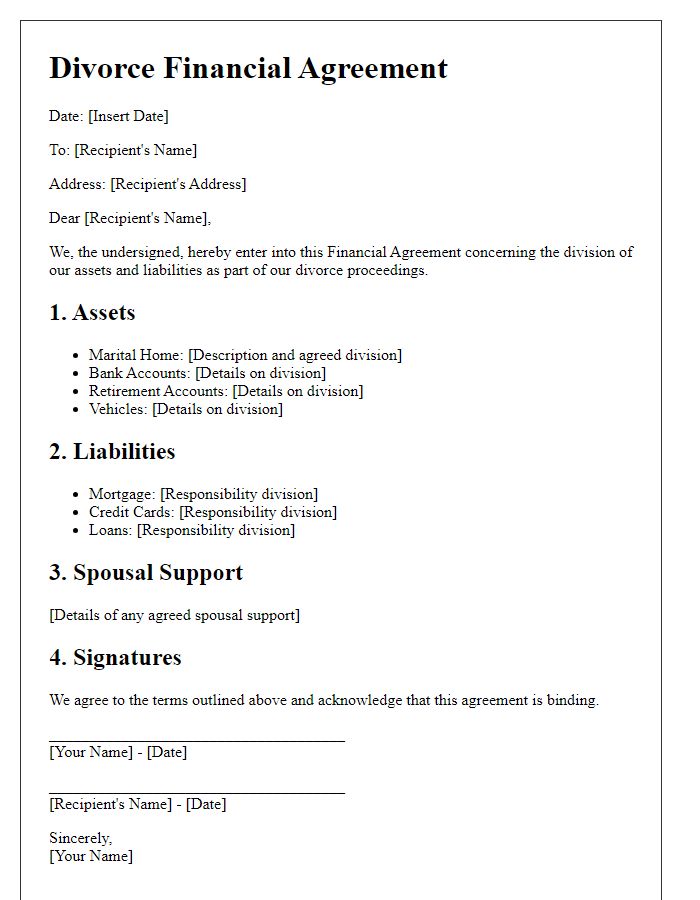 Letter template of concise divorce financial agreement