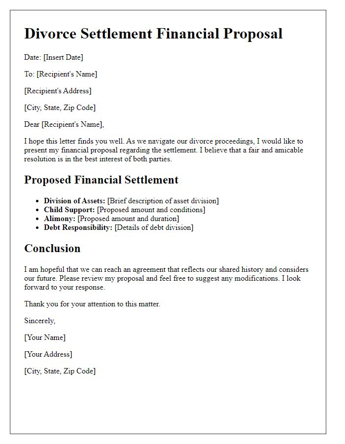 Letter template of divorce settlement financial proposal