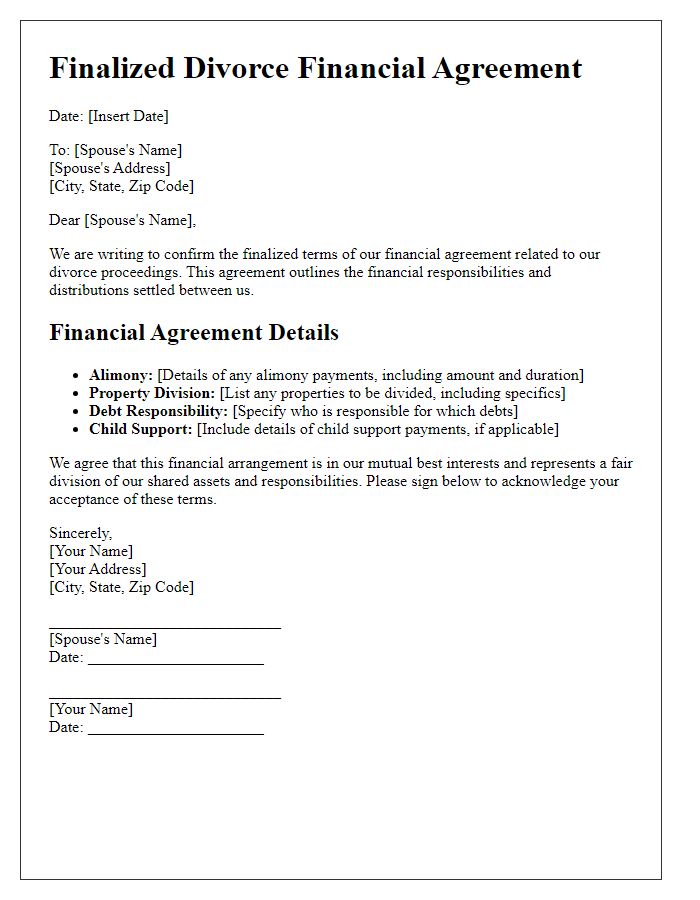 Letter template of finalized divorce financial agreement