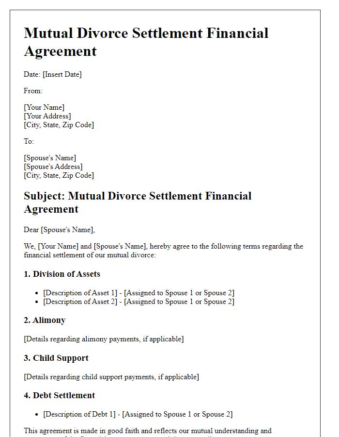 Letter template of mutual divorce settlement financial agreement