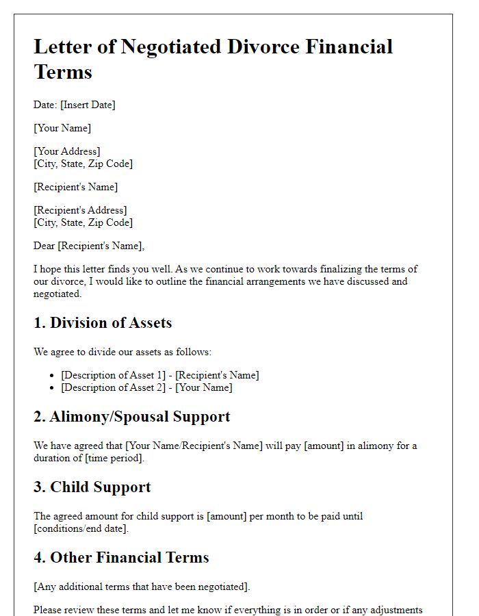 Letter template of negotiated divorce financial terms