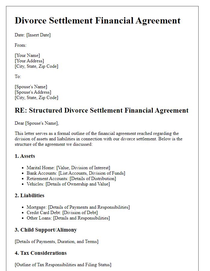 Letter template of structured divorce settlement financial agreement